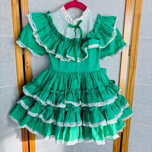 Vintage Girls 4T Circle Dress Small World‎ Pageant Ruffles Green White Frilly